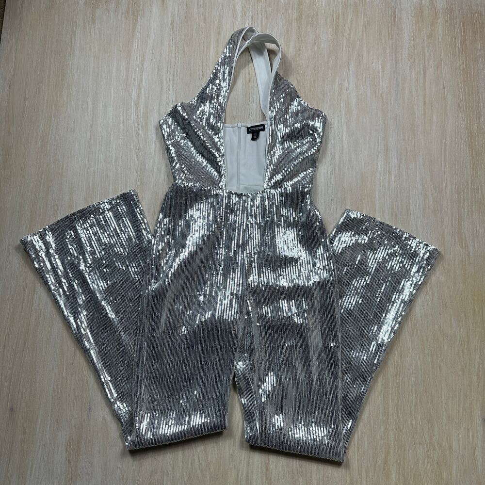 PrettyLittleThing Silver Sequin Halter Backless Disco Party Flare Jumpsuit US 4